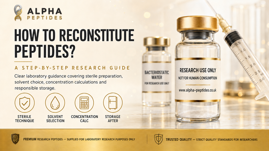 How to reconstitute peptides research guide by Alpha Peptides — sterile technique, bacteriostatic water, concentration calculations and storage for laboratory research use.