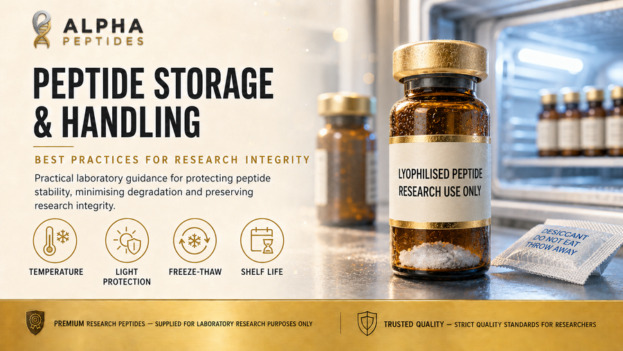 Peptide storage and handling best practices guide by Alpha Peptides — temperature requirements, light protection, freeze-thaw cycles and shelf life for laboratory research use.