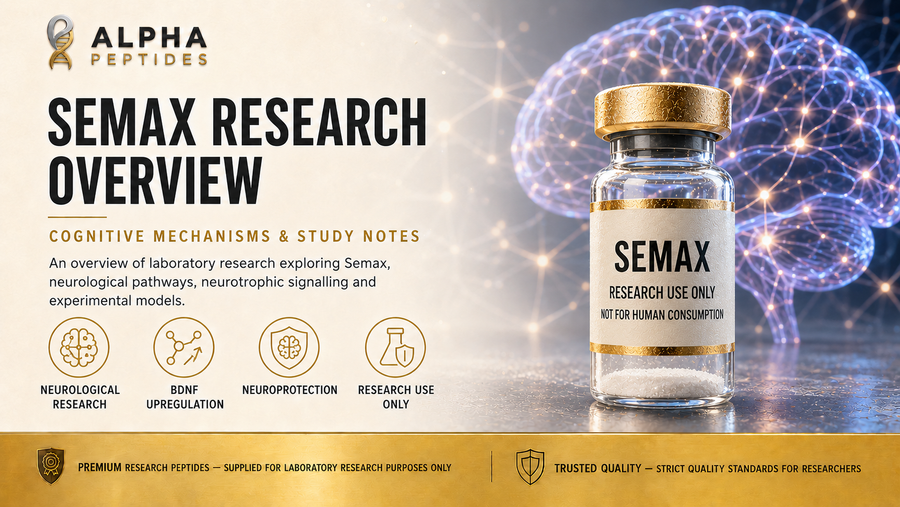 Semax research overview by Alpha Peptides — cognitive mechanisms, BDNF upregulation, neuroprotection and ACTH analogue signalling pathways for laboratory research use.