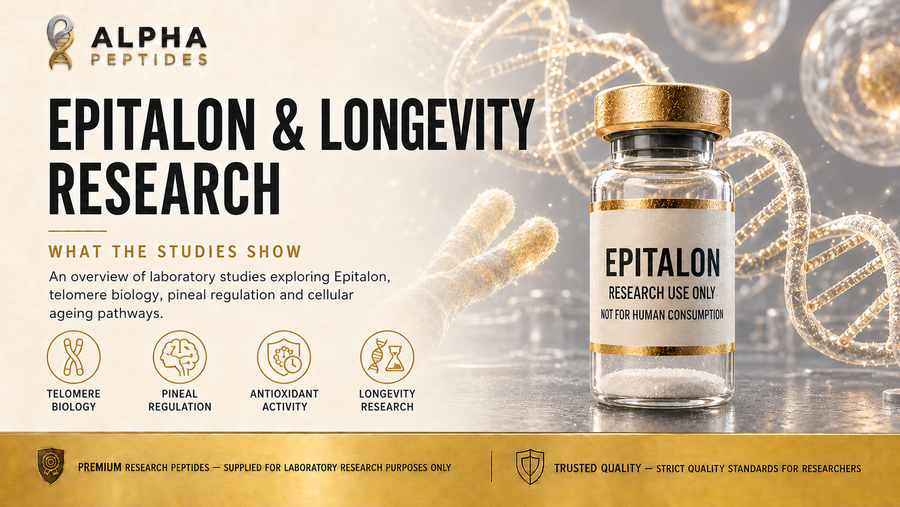 Epitalon and longevity research overview by Alpha Peptides — telomere biology, telomerase activation, pineal gland regulation and cellular ageing studies for laboratory research use.