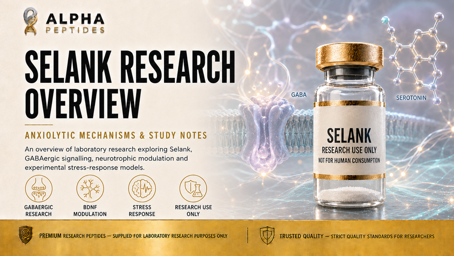 Selank research overview by Alpha Peptides — anxiolytic mechanisms, GABAergic modulation, BDNF signalling and stress response research for laboratory research use.