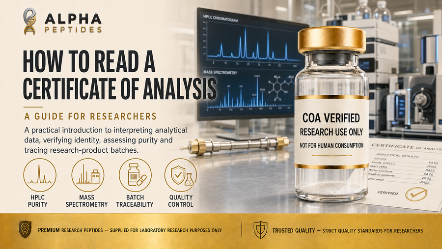 How to read a certificate of analysis COA guide by Alpha Peptides — HPLC purity data, mass spectrometry, batch traceability and quality control for research peptides.