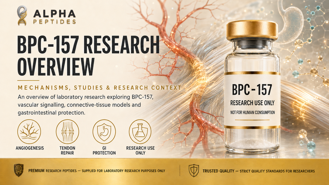 BPC-157 research overview by Alpha Peptides — angiogenesis, tendon repair, gastrointestinal protection and tissue healing mechanisms for laboratory research use.