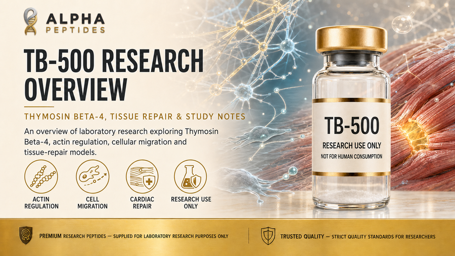 TB-500 Thymosin Beta-4 research overview by Alpha Peptides — actin regulation, cell migration, cardiac repair and tissue healing mechanisms for laboratory research use.