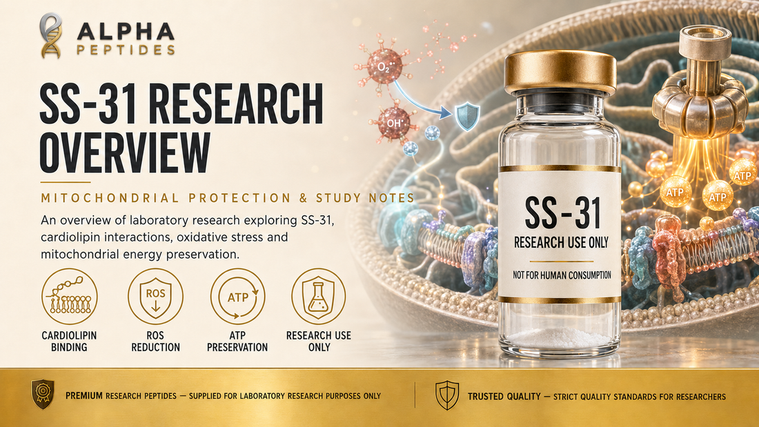 SS-31 Elamipretide research overview by Alpha Peptides — mitochondrial protection, cardiolipin binding, ROS reduction and ATP preservation for laboratory research use.
