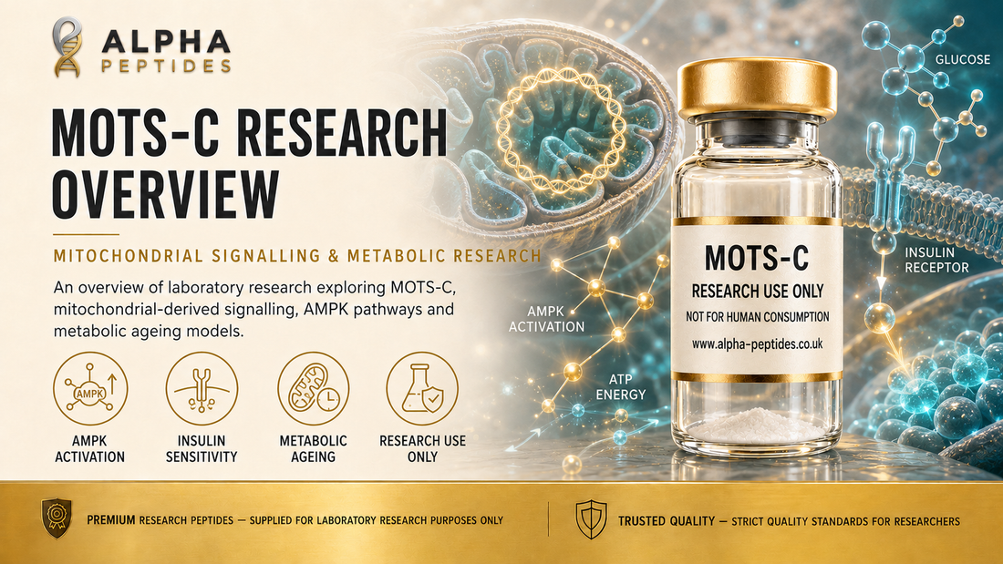MOTS-C mitochondrial peptide research overview by Alpha Peptides — AMPK activation, insulin sensitivity, metabolic regulation and mitochondrial signalling for laboratory research use.