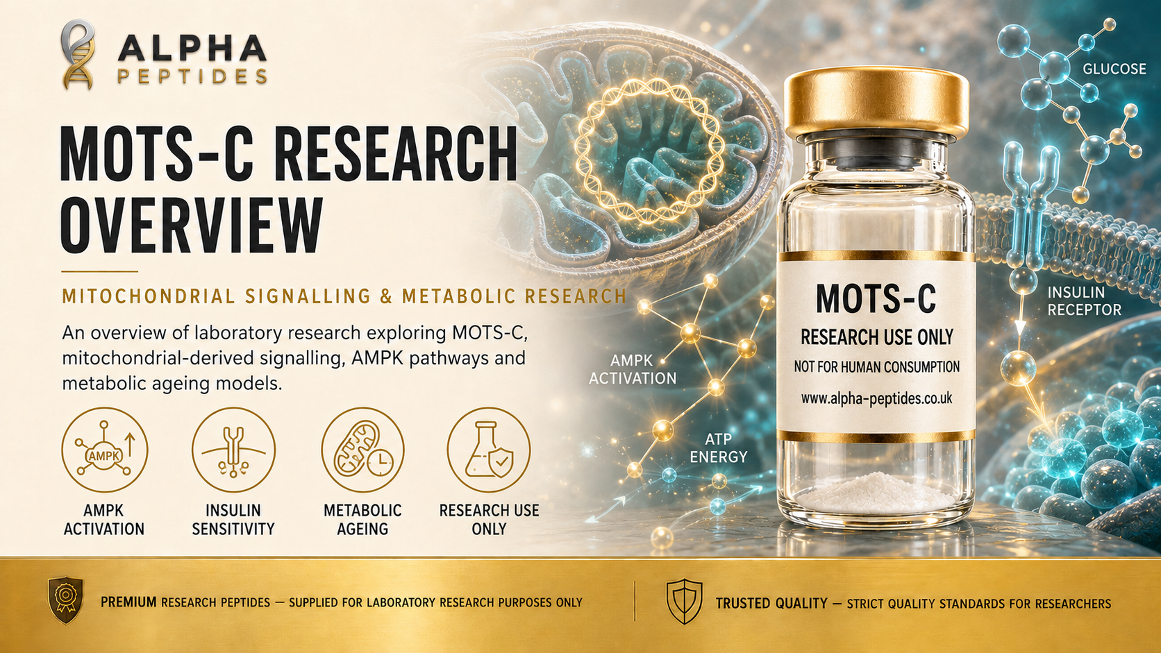 MOTS-C mitochondrial peptide research overview by Alpha Peptides — AMPK activation, insulin sensitivity, metabolic regulation and mitochondrial signalling for laboratory research use.