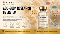 AOD-9604 research overview by Alpha Peptides — lipolysis, adipose tissue regulation, growth hormone fragment metabolic research and lipogenesis inhibition for laboratory research use.