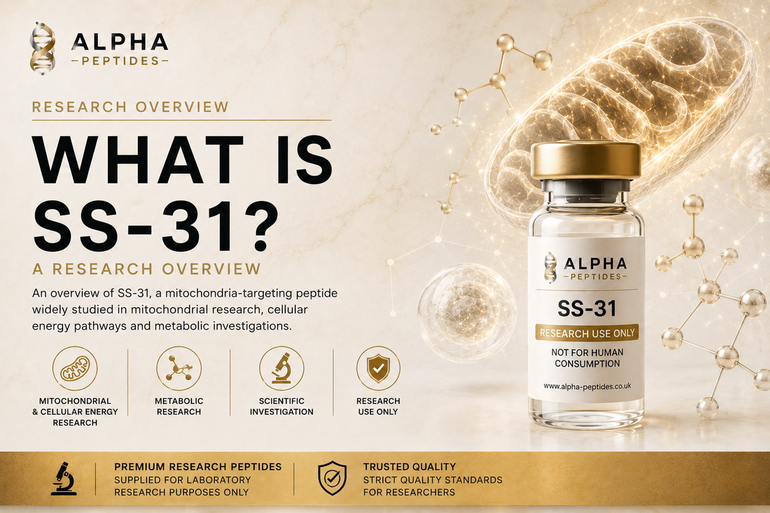 SS-31 research overview by Alpha Peptides featuring mitochondrial research, cellular energy pathways and metabolic science themes.