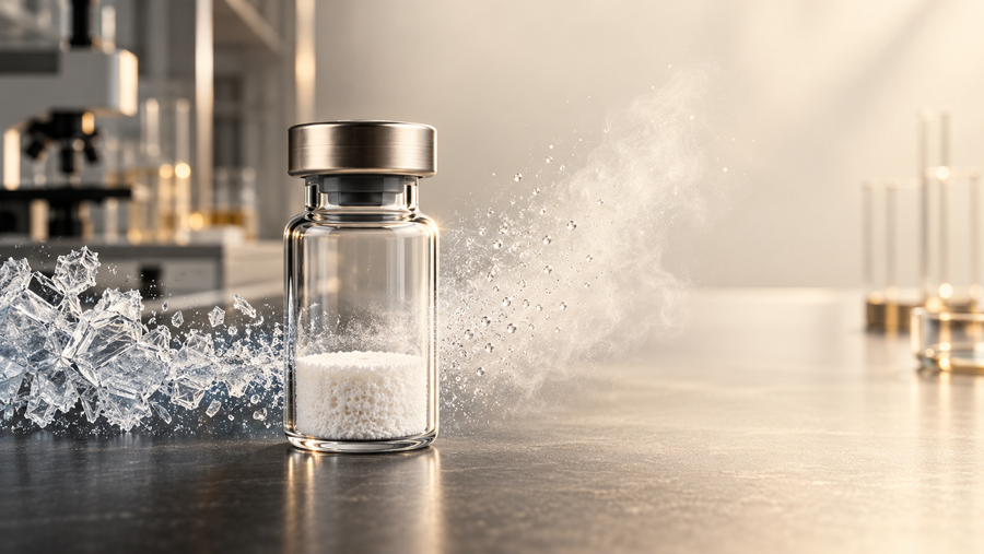 Lyophilised peptide vial illustrating the freeze-drying and sublimation process in a laboratory setting