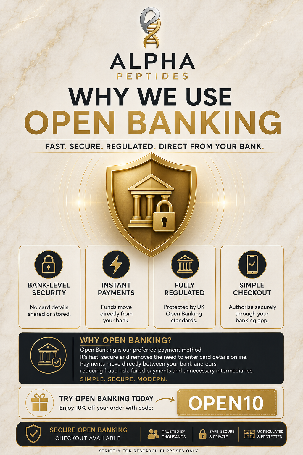 Promotional graphic for Alpha Peptides about open banking with a shield icon and text.