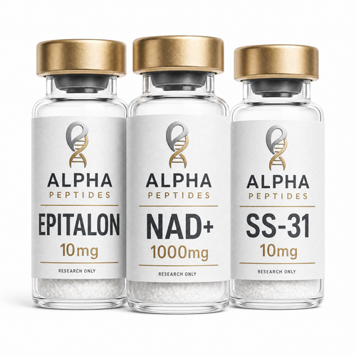 Advanced Longevity Stack by Alpha Peptides featuring Epitalon, NAD+ and SS-31 research peptide vials designed for longevity research, mitochondrial studies and healthy ageing investigations.