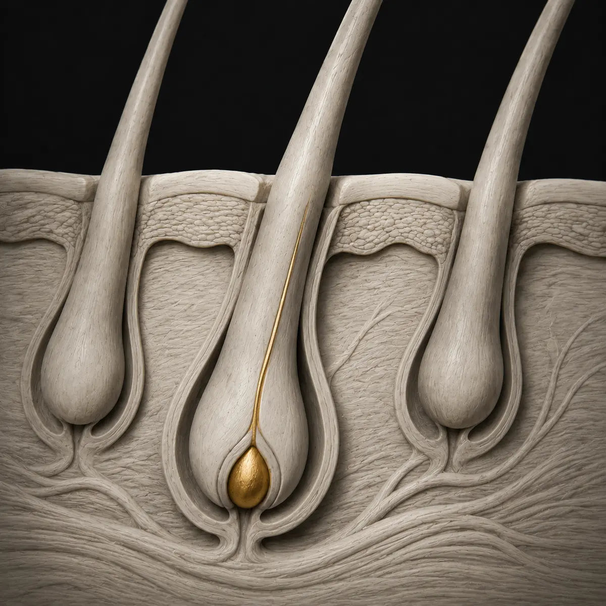 Sculptural follicle imagery representing hair research
