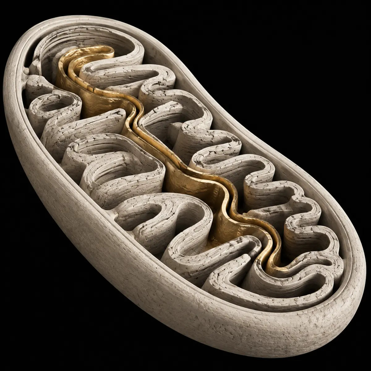 Sculptural mitochondrial imagery representing mitochondrial research