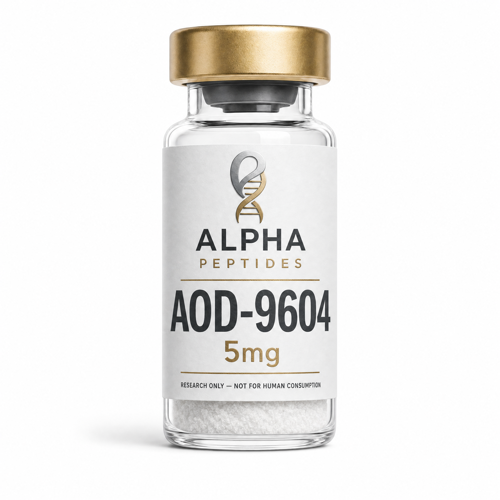 AOD-9604 5mg research peptide vial by Alpha Peptides for metabolic research and laboratory investigations.