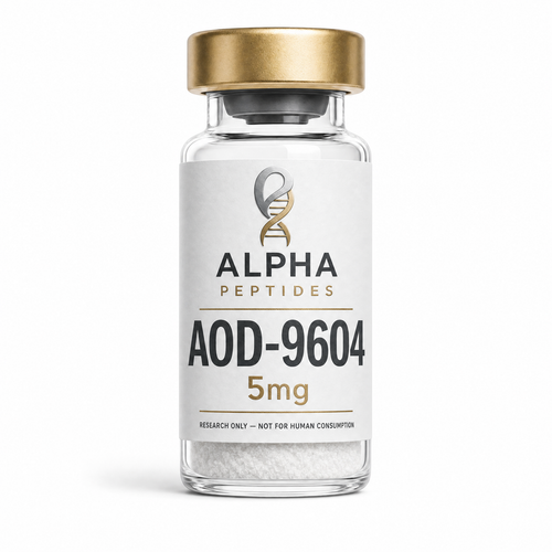 AOD-9604 by Alpha Peptides featuring a premium research peptide vial designed for metabolic research, cellular energy studies and laboratory investigations.