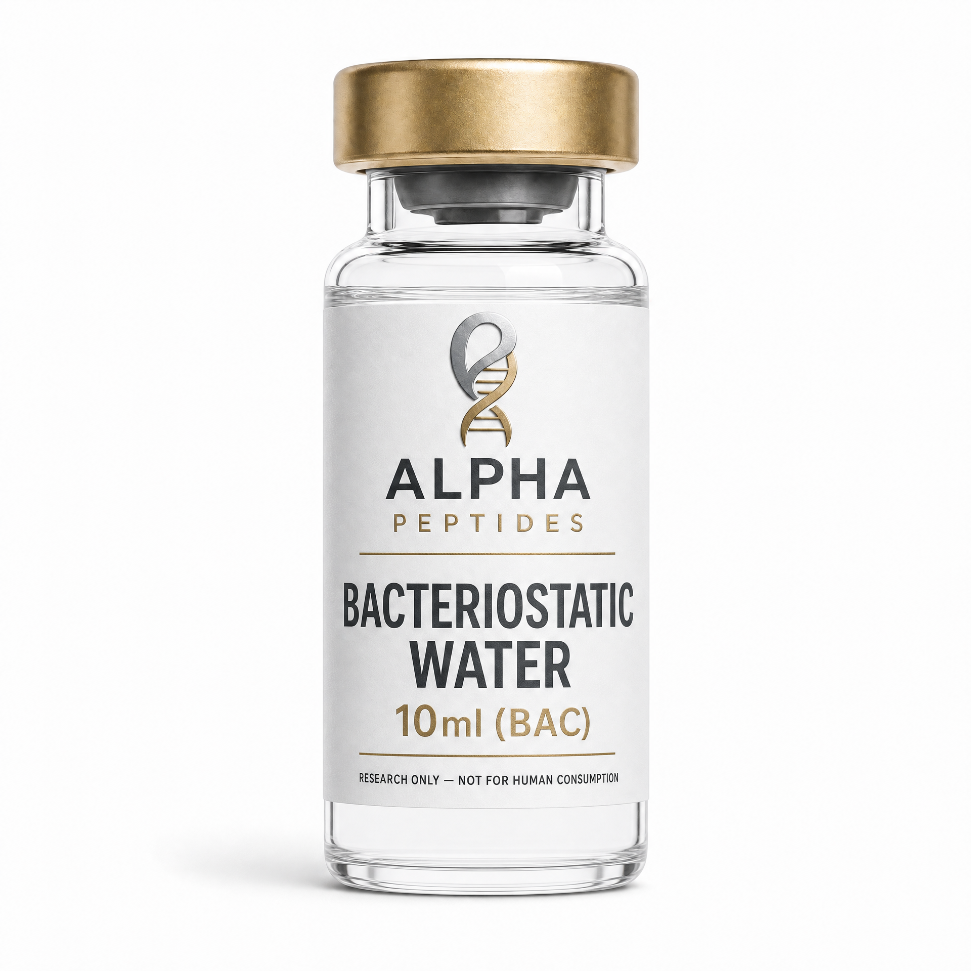 Bacteriostatic Water by Alpha Peptides featuring a premium laboratory-grade vial designed for peptide preparation, reconstitution procedures and research applications.