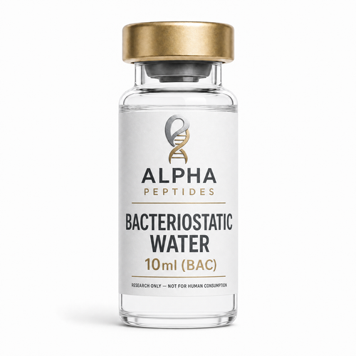 Bacteriostatic Water by Alpha Peptides featuring a premium laboratory-grade vial designed for peptide preparation, reconstitution procedures and research applications.