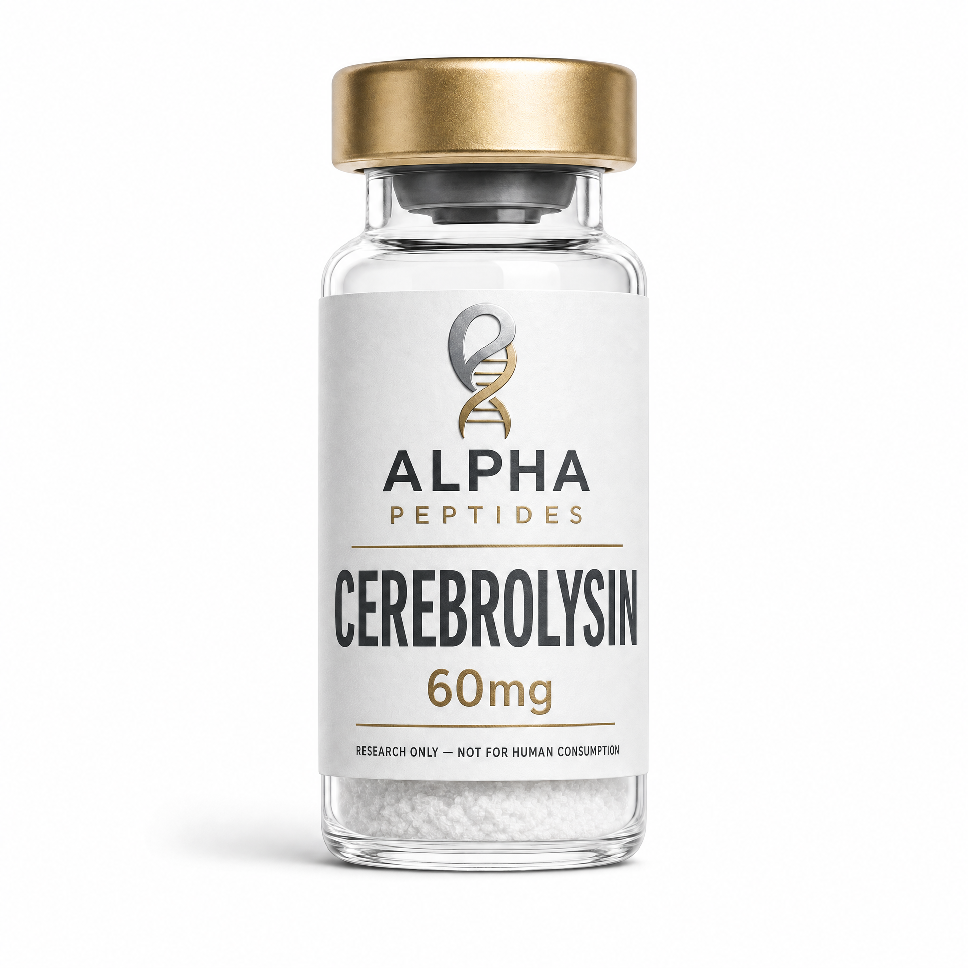 Cerebrolysin 60mg research peptide complex by Alpha Peptides designed for neurotrophic research, cognitive function studies, neuroprotection investigations, neuronal signalling research, memory and learning studies, and laboratory neuroscience applications.