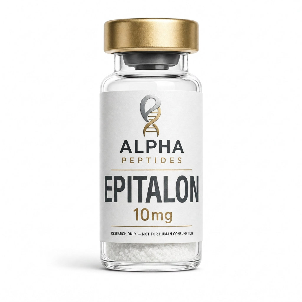 Epitalon by Alpha Peptides featuring a premium research peptide vial designed for longevity research, healthy ageing studies and cellular health investigations.