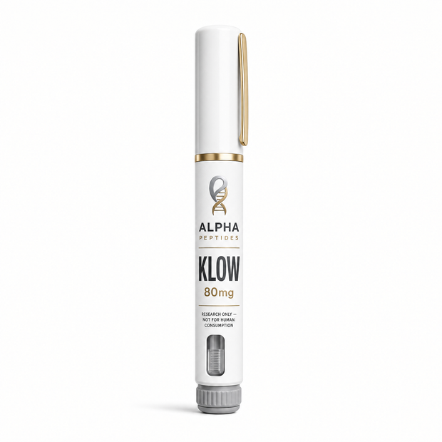 KLOW Pen by Alpha Peptides featuring a premium pre-filled research peptide pen designed for metabolic research, cellular energy studies and laboratory investigations.