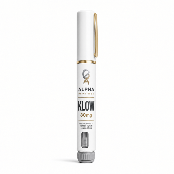 KLOW Pen by Alpha Peptides featuring a premium pre-filled research peptide pen designed for metabolic research, cellular energy studies and laboratory investigations.