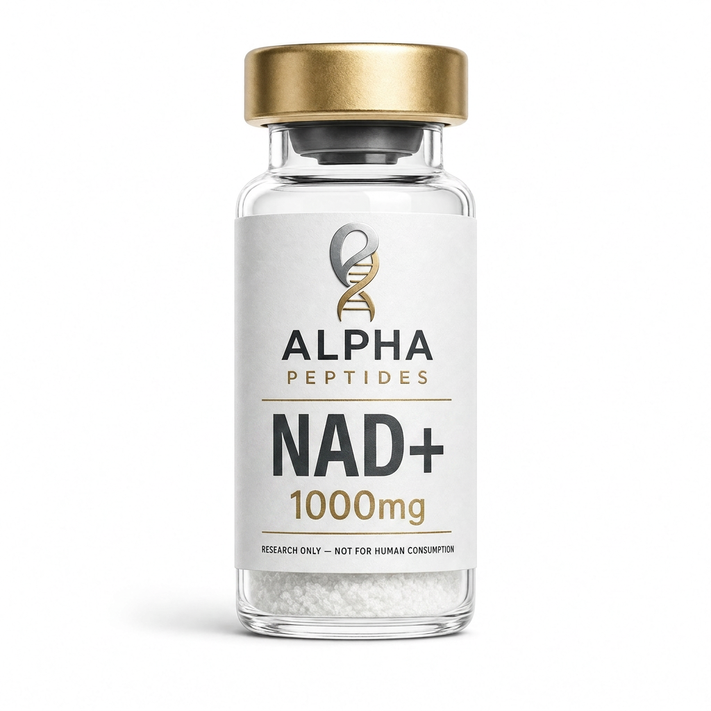 NAD+ 1000mg research peptide by Alpha Peptides for mitochondrial research, cellular energy studies and longevity research investigations.