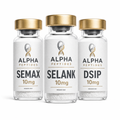 Nootropic Research Stack by Alpha Peptides featuring Semax 10mg, Selank 10mg and DSIP 10mg research peptide vials designed for cognitive research, neuropeptide studies, focus and attention investigations, sleep research and laboratory neuroscience applications.