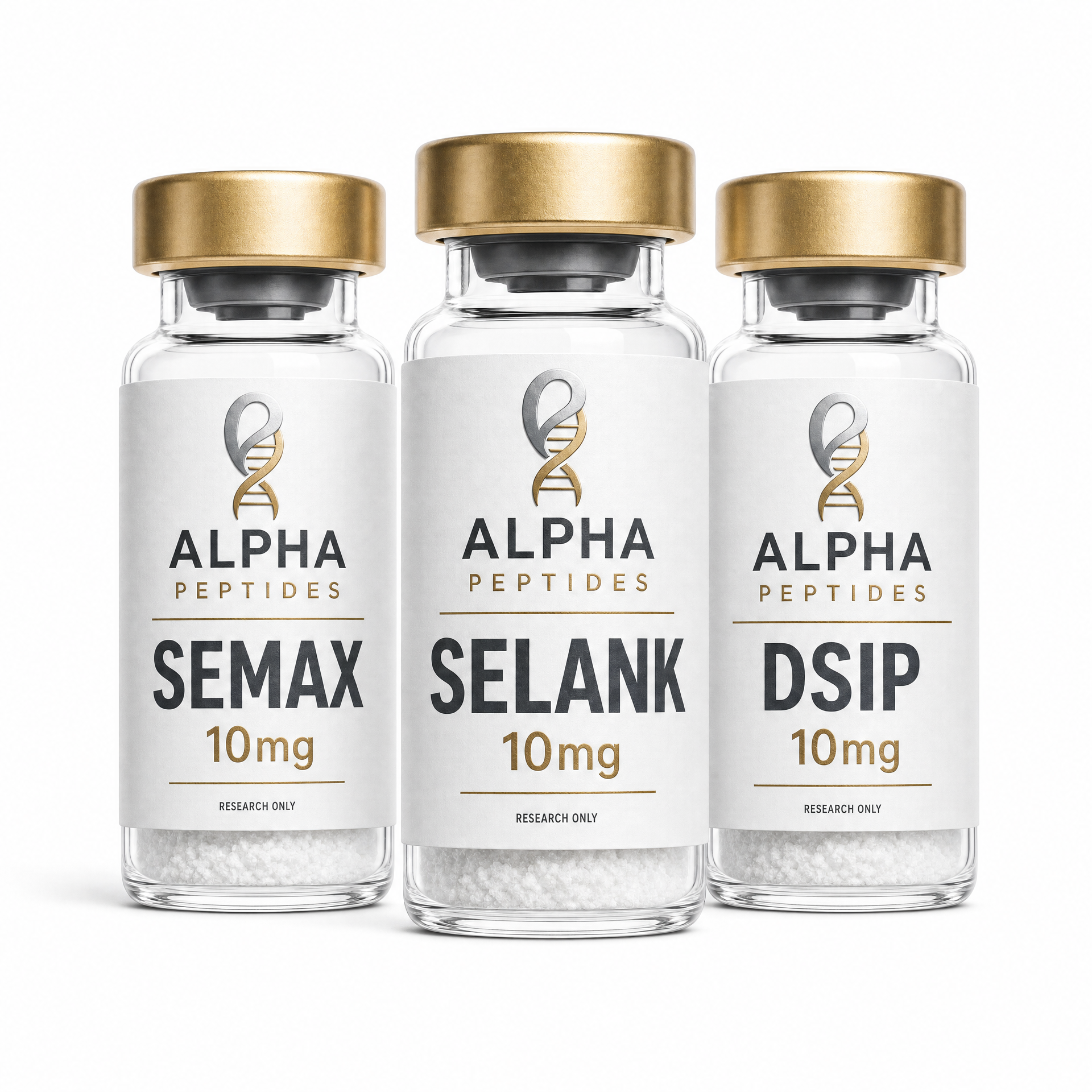 Nootropic Research Stack by Alpha Peptides featuring Semax 10mg, Selank 10mg and DSIP 10mg research peptide vials designed for cognitive research, neuropeptide studies, focus and attention investigations, sleep research and laboratory neuroscience applications.