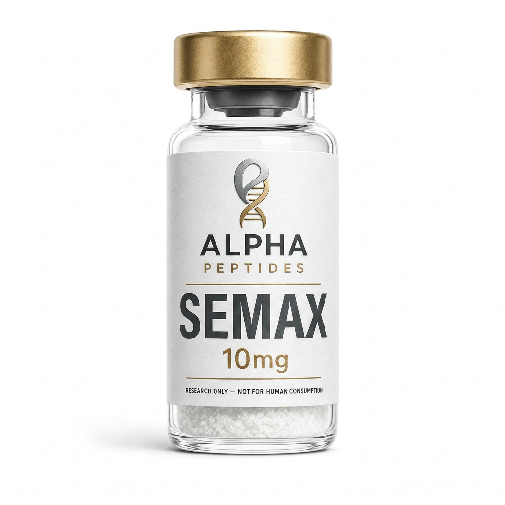 Semax 10mg research peptide vial by Alpha Peptides designed for nootropic research, cognitive function studies, neuropeptide investigations, memory and learning research, focus and attention studies, and laboratory neuroscience applications.