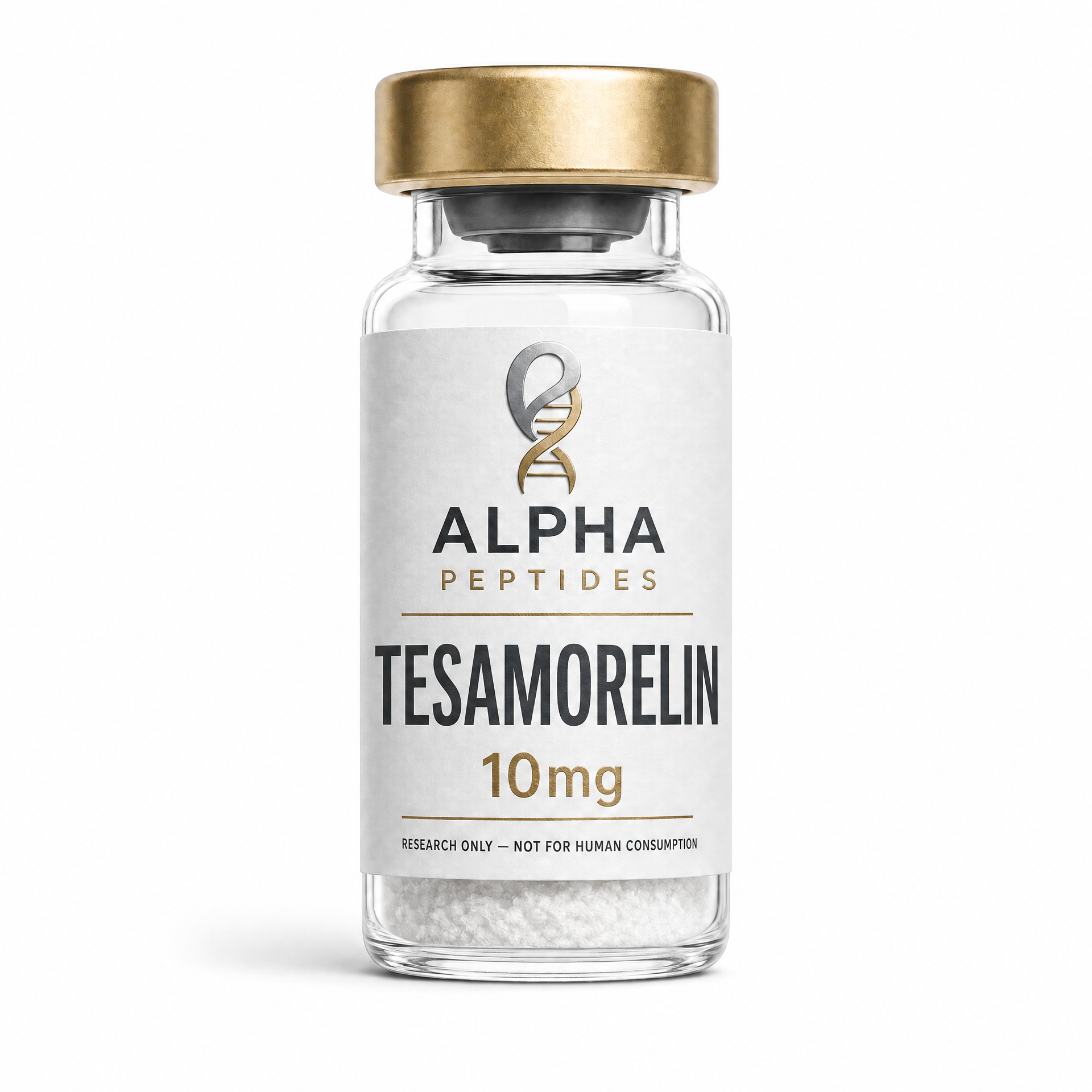 Tesamorelin by Alpha Peptides featuring a premium research peptide vial designed for growth hormone research, metabolic studies and endocrine investigations.