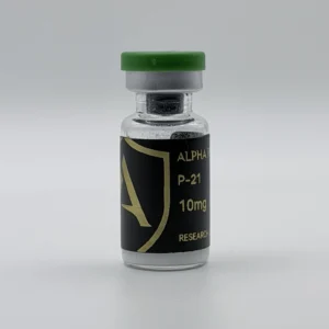 Alpha Peptides® P-21 10mg research vial, angled view