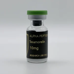 Alpha Peptides® Tesamorelin 10mg research vial, front view