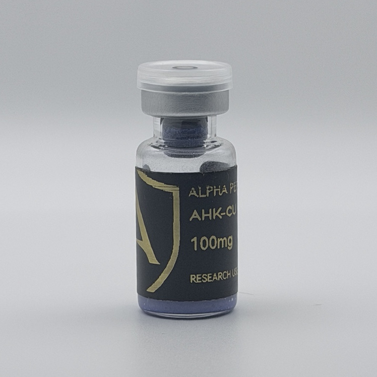Alpha Peptides® AHK-Cu 100mg research vial, angled view