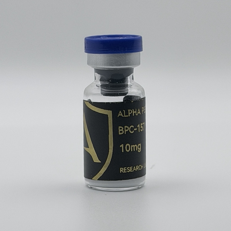 Alpha Peptides® BPC-157 10mg research vial, angled view