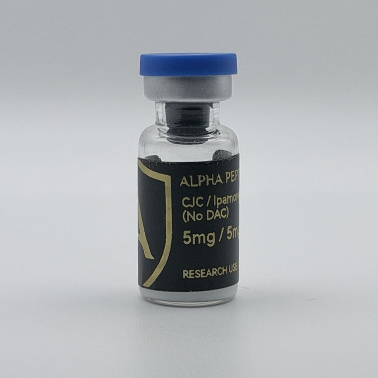 Alpha Peptides® CJC-1295 (No DAC) & Ipamorelin Blend – 5mg / 5mg research vial, angled view