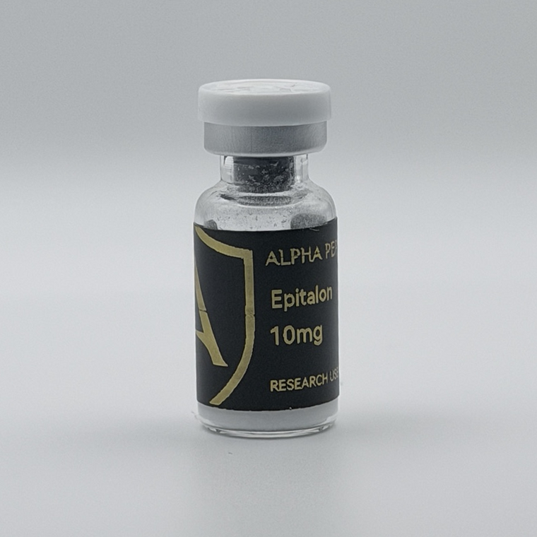 Alpha Peptides® Epitalon 10mg research vial, angled view