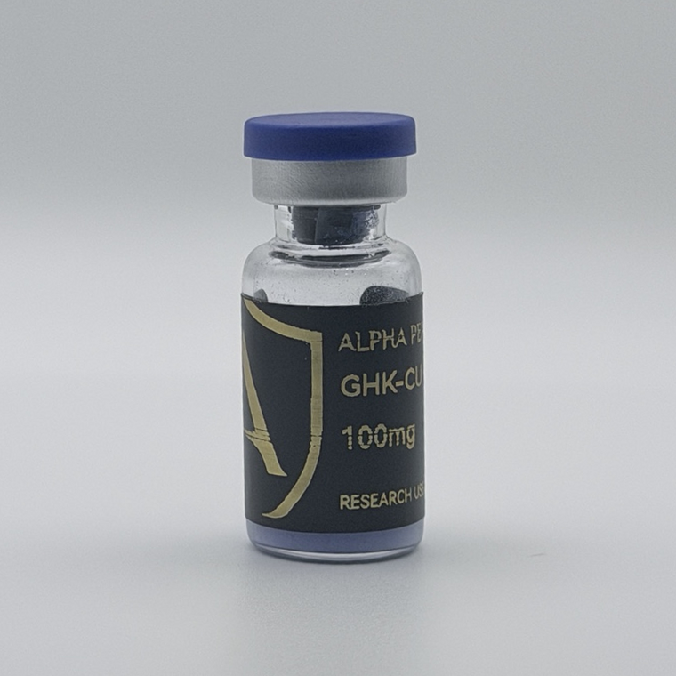Alpha Peptides® GHK-Cu 100mg research vial, angled view