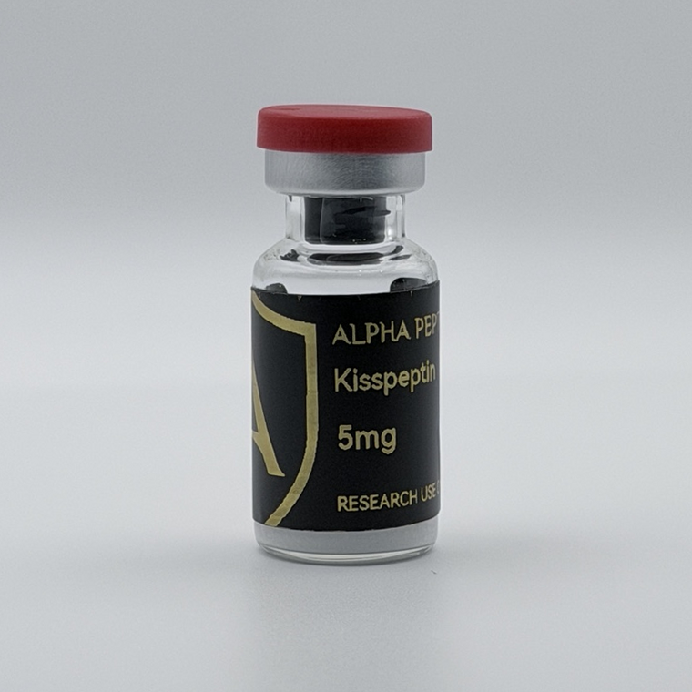 Alpha Peptides® Kisspeptin 5mg research vial, angled view