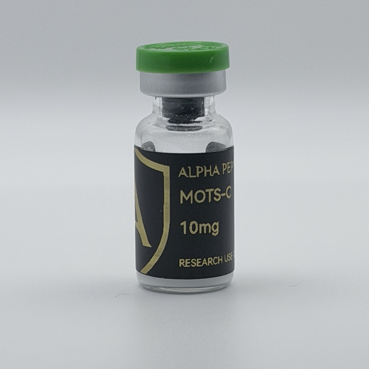 Alpha Peptides® MOTS-C 10mg research vial, angled view