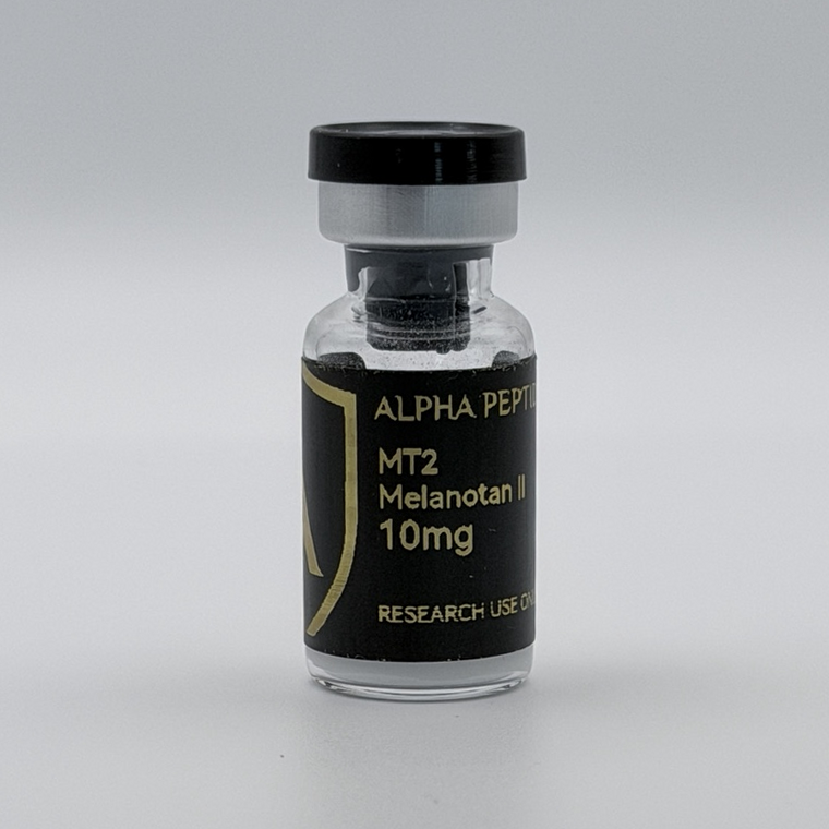 Alpha Peptides® Melanotan II (MT-2) research vial, angled view