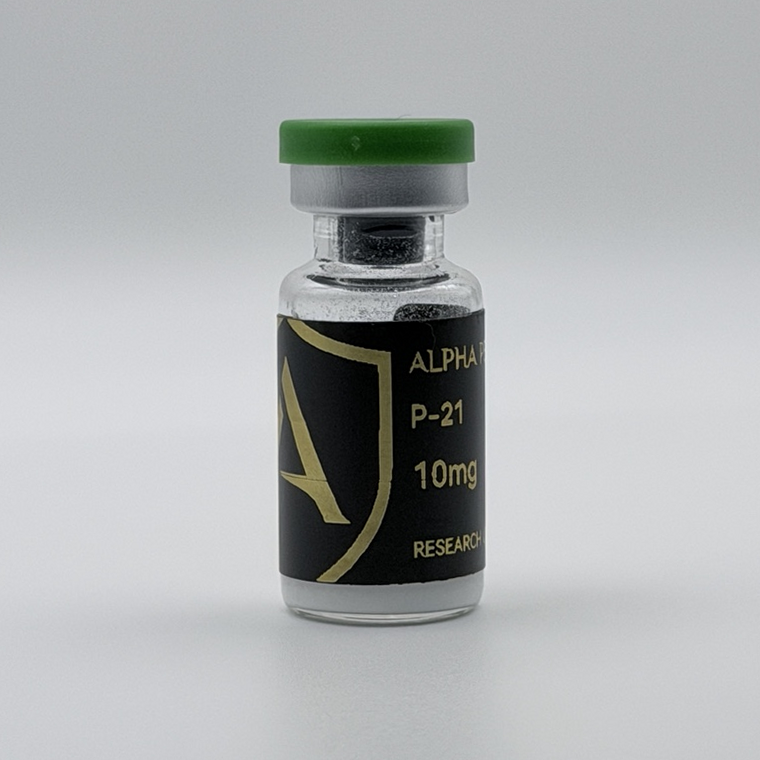 Alpha Peptides® P-21 10mg research vial, angled view