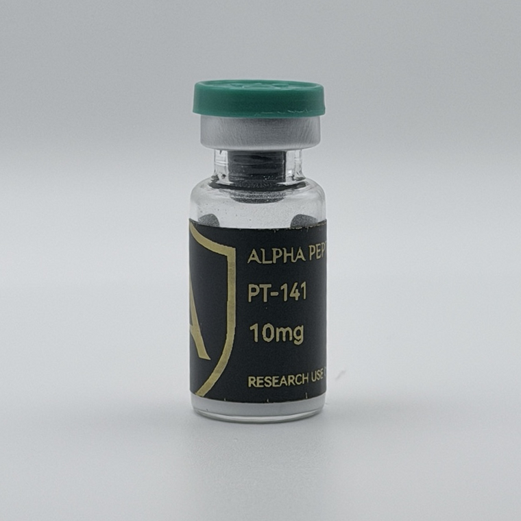 Alpha Peptides® PT-141 10mg research vial, angled view