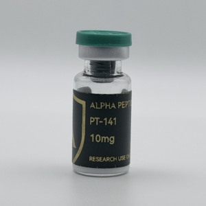 Alpha Peptides® PT-141 10mg research vial, front view