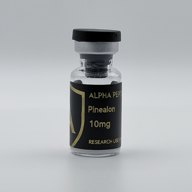 Alpha Peptides® Pinealon 10mg research vial, angled view