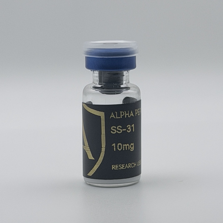 Alpha Peptides® SS-31 10mg research vial, angled view