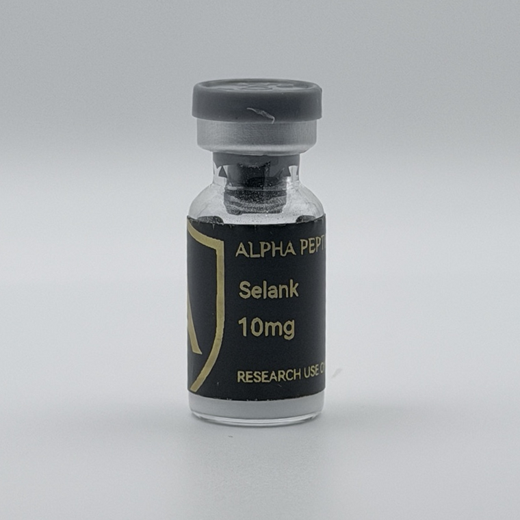 Alpha Peptides® Selank 10mg research vial, angled view