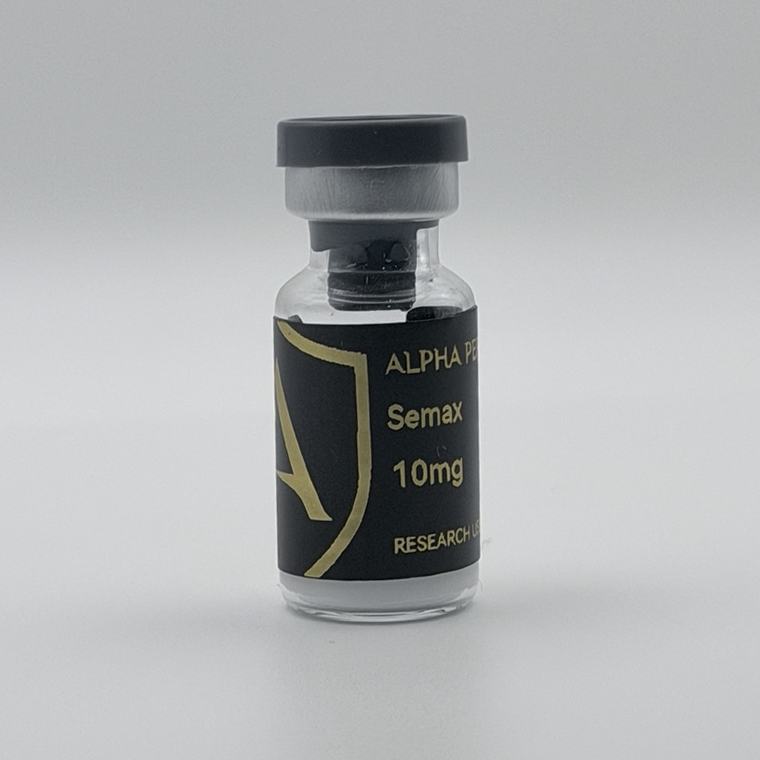 Alpha Peptides® Semax 10mg research vial, angled view