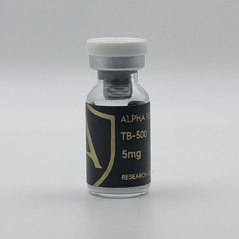 Alpha Peptides® TB-500 5mg research vial, angled view