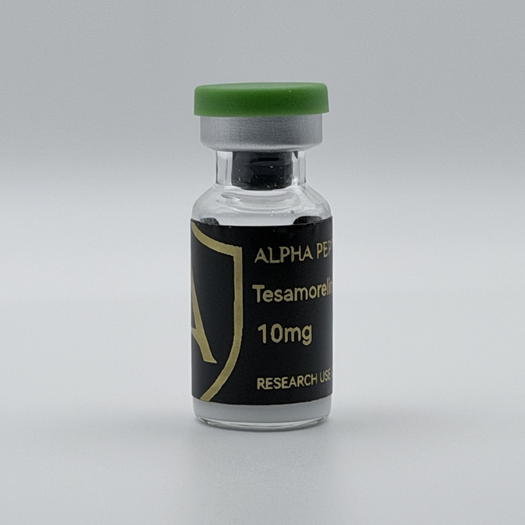 Alpha Peptides® Tesamorelin 10mg research vial, angled view